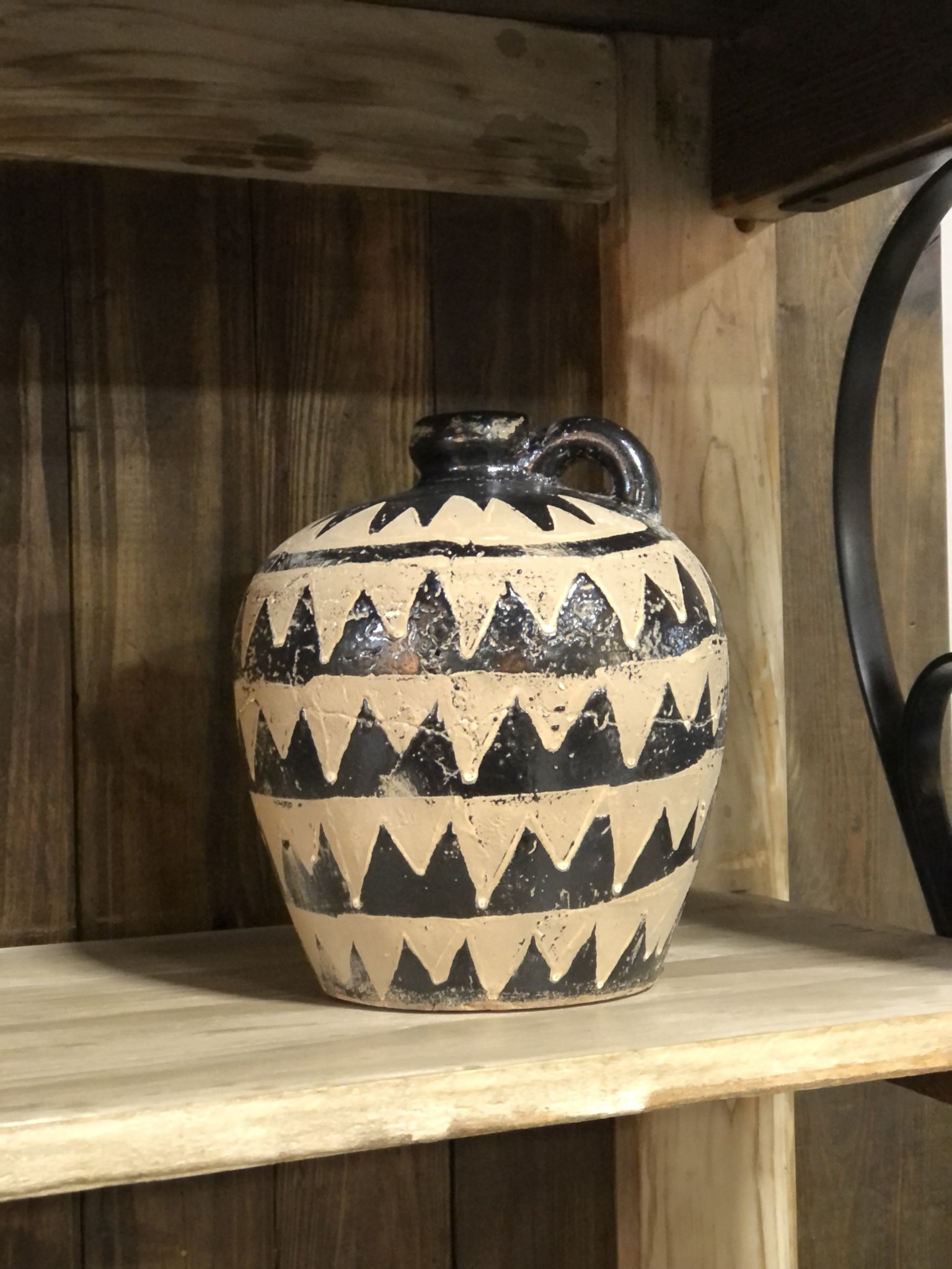 Black Ceramic Jugs w/Tan Triangle Pattern 8.5 INCH