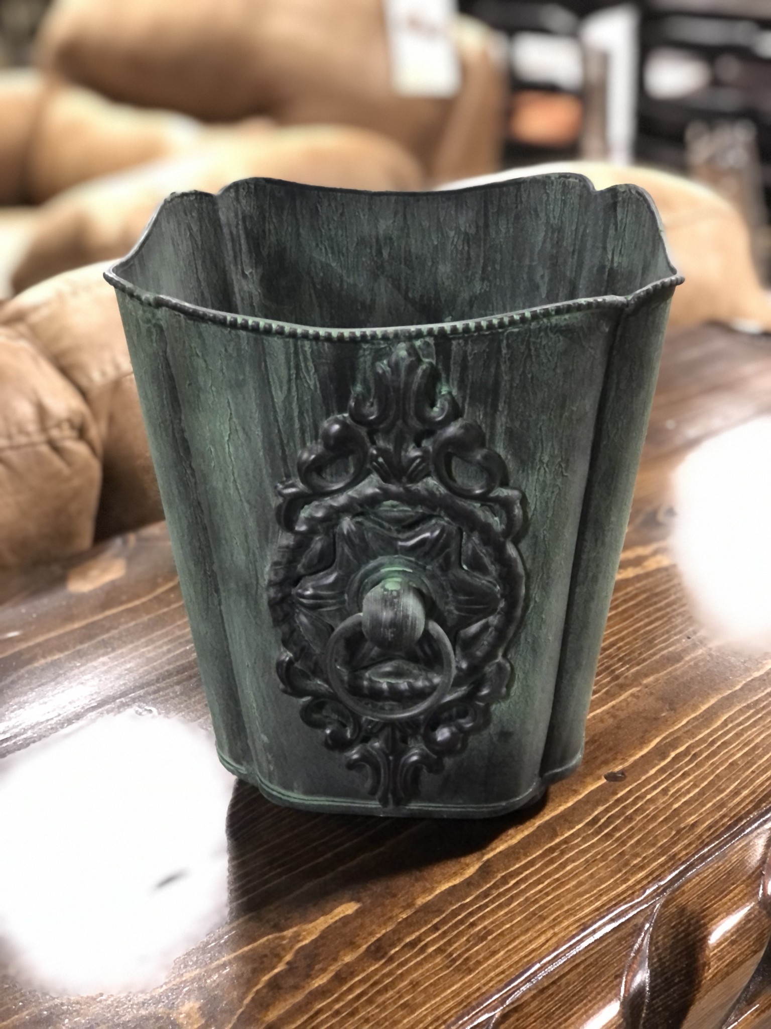Patina Green Metal Planter w/Ornate Handle S