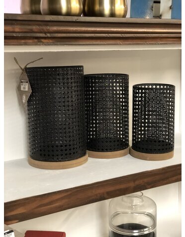Set of 3 Dark Metal Hole Punched Hurricanes w/Wood Base