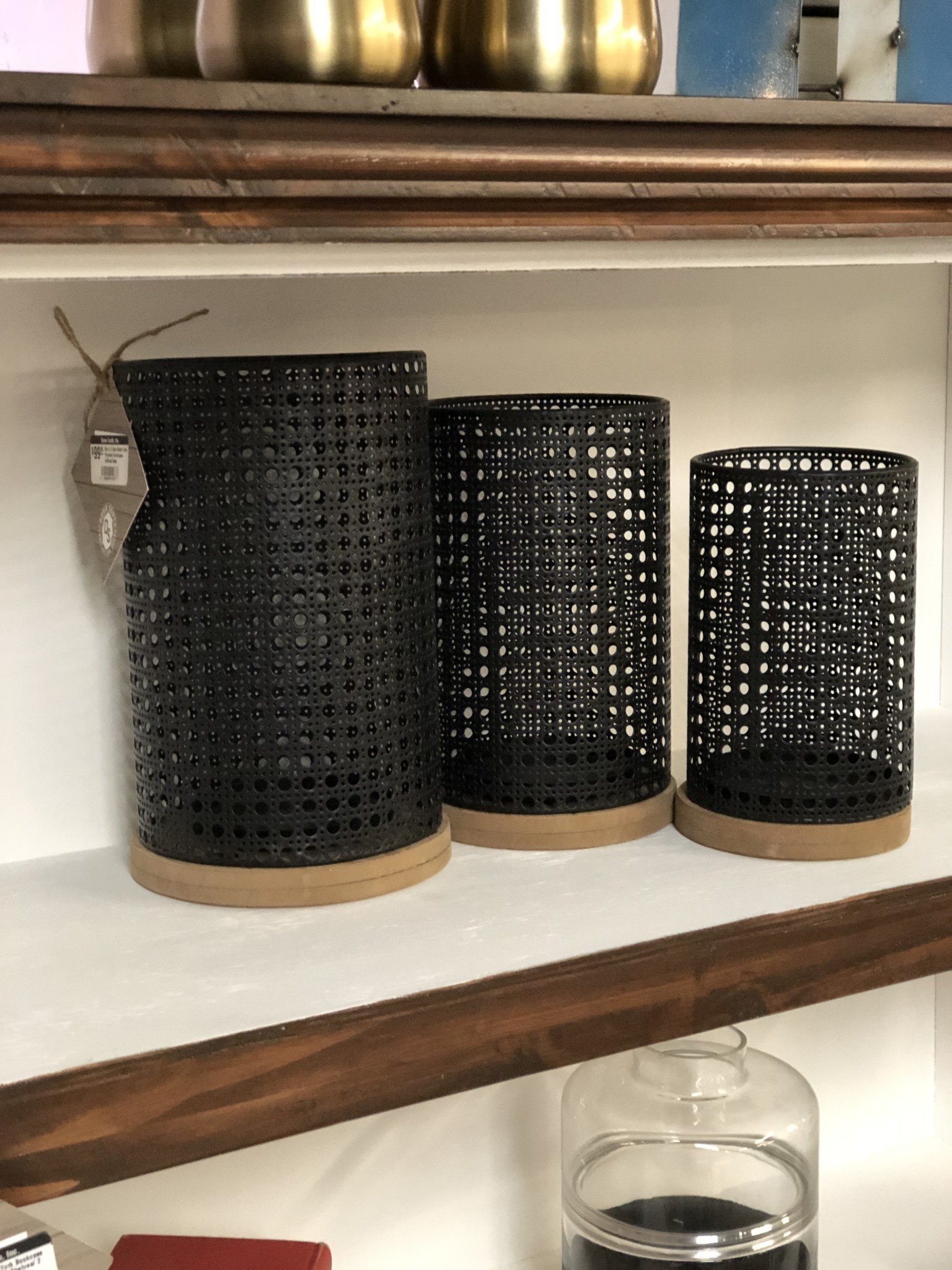 Set of 3 Dark Metal Hole Punched Hurricanes w/Wood Base