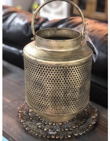 14.25" Gold Metal Mesh Lantern With Hurricane