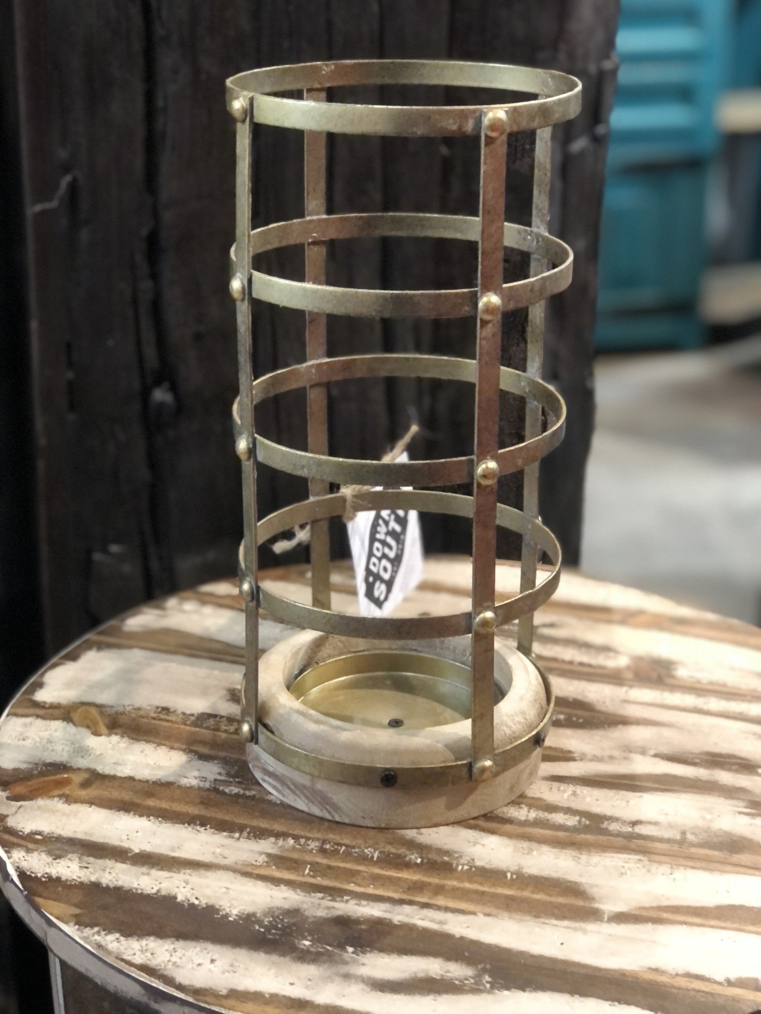 13 Inch 7 Inch Antique Gold Riveted Cage Candle Holder