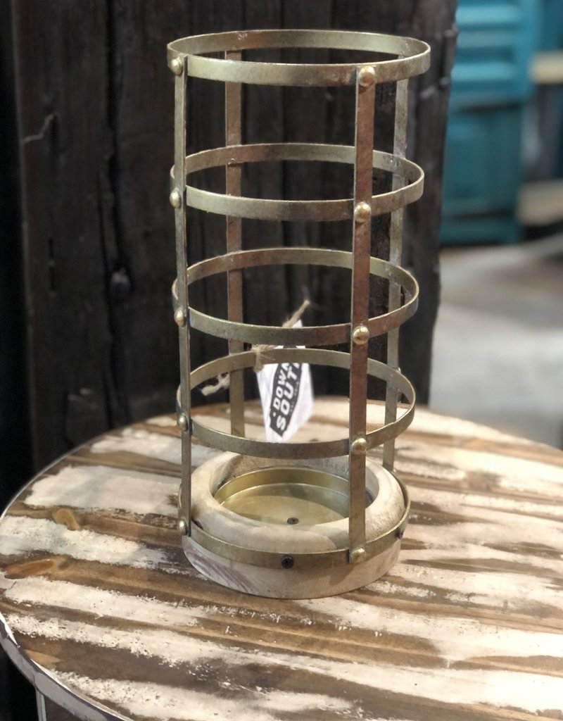 13 Inch 7 Inch Antique Gold Riveted Cage Candle Holder