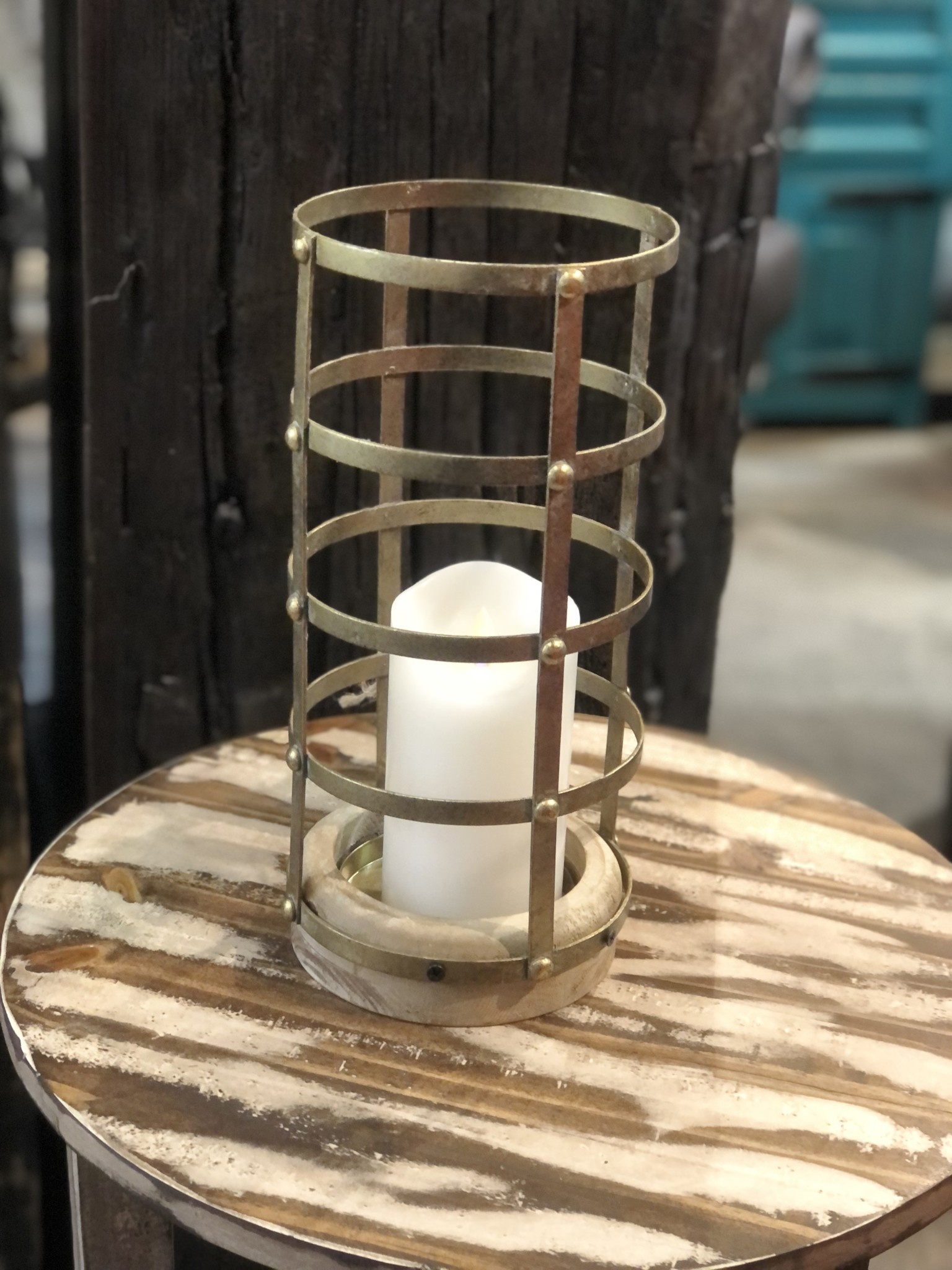 13 Inch 7 Inch Antique Gold Riveted Cage Candle Holder