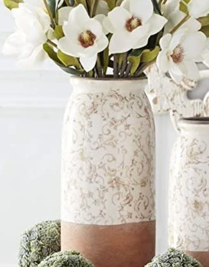14.5 Inch Cream Ceramic Tall Vases w/Tan Floral Design