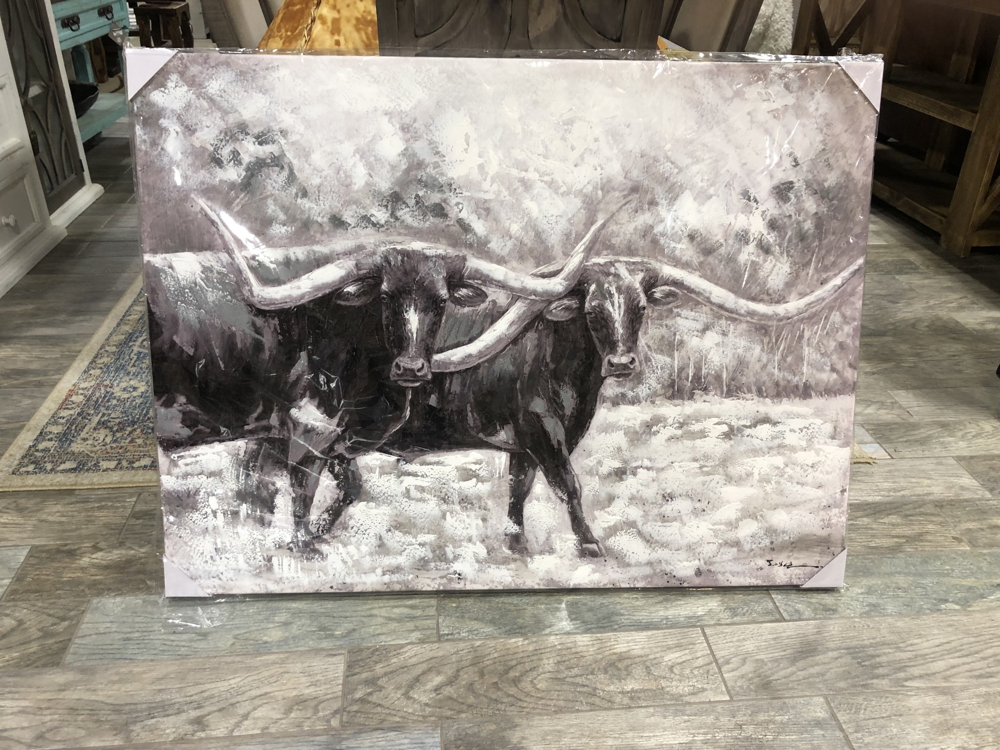Black and white longhorns 48 x 36 Canvas