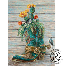 Cactus in a Boot with Birds - turquoise