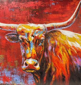 Rainbow Colorful Longhorn on Red Canvas