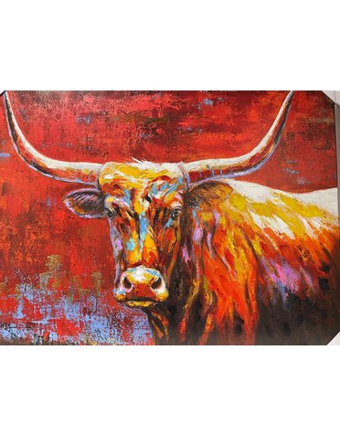 Colorful Longhorn on Red Canvas