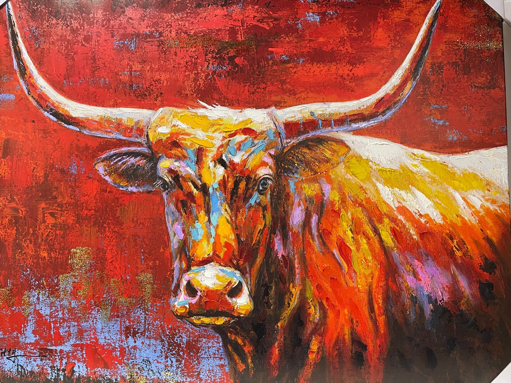 Colorful Longhorn on Red Canvas
