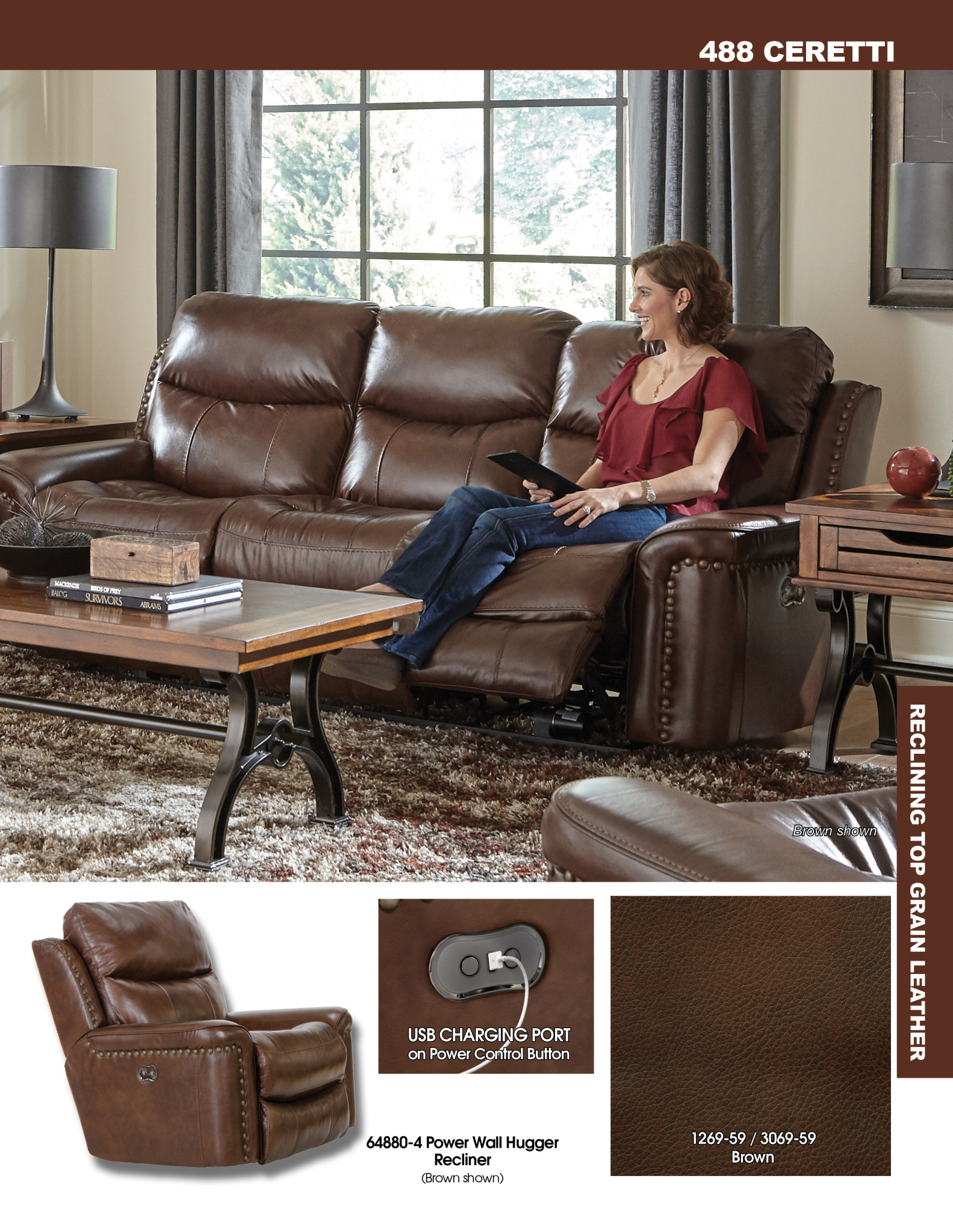 Jackson Furniture Ceretti  Leather Power Wall Hugger Recliner - Brown