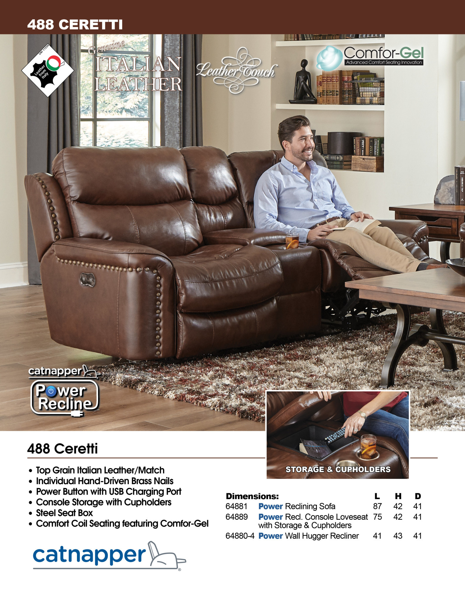 Ceretti Leather Power Reclining Loveseat w/Console - Brown