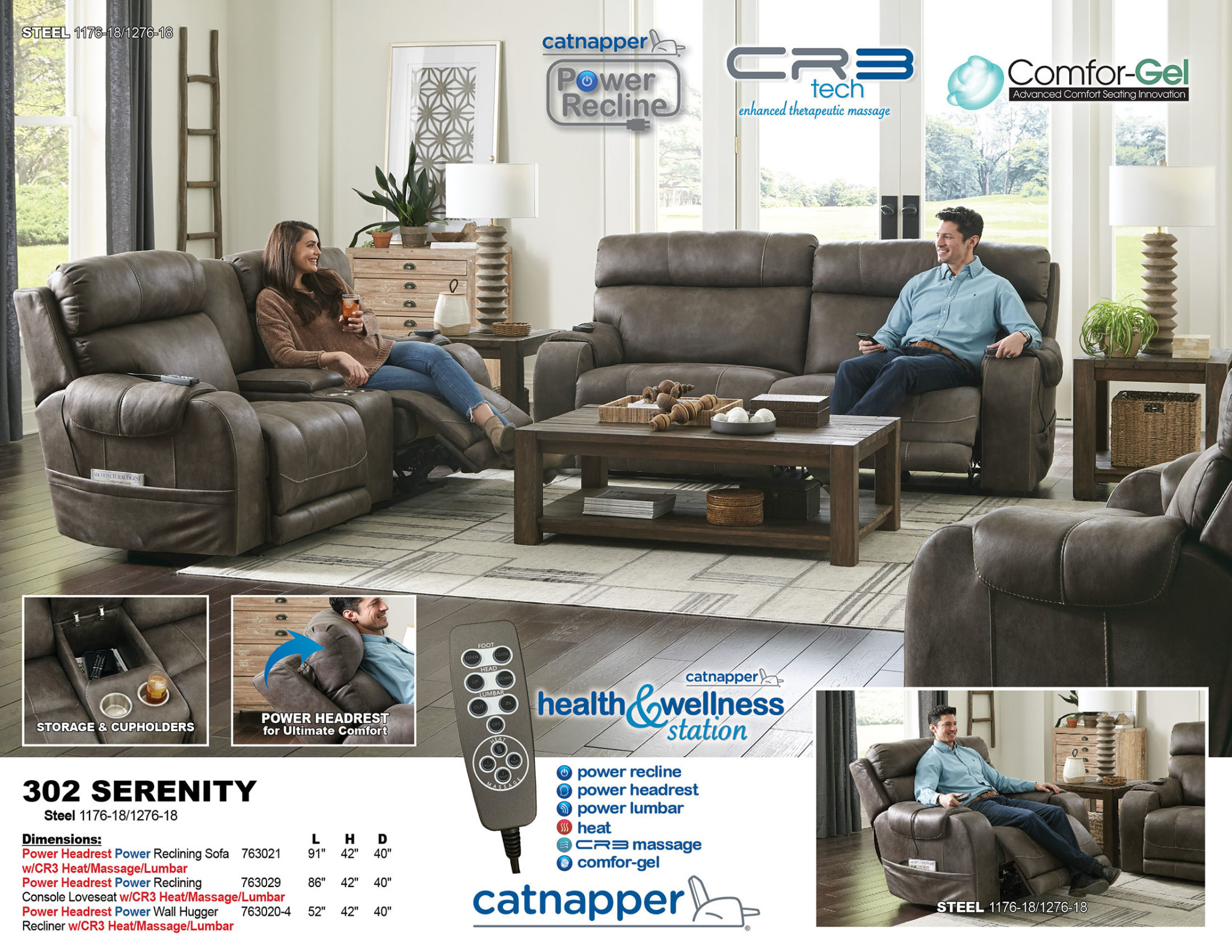 Serenity Power Reclining CR3 Massage Sofa - Steel