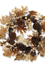 24 Inch Burlap/Maple & Oak Leaf Wreath w/Pine Cones