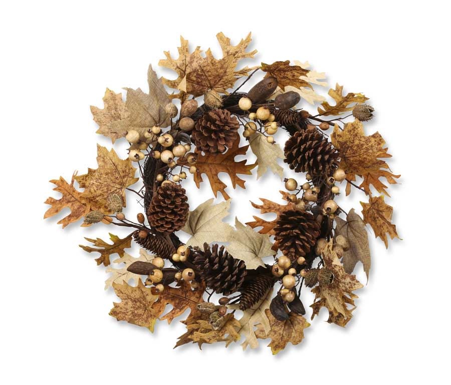 24 Inch Burlap/Maple & Oak Leaf Wreath w/Pine Cones