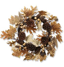 24 Inch Burlap/Maple & Oak Leaf Wreath w/Pine Cones
