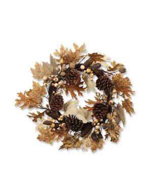 24 Inch Burlap/Maple & Oak Leaf Wreath w/Pine Cones