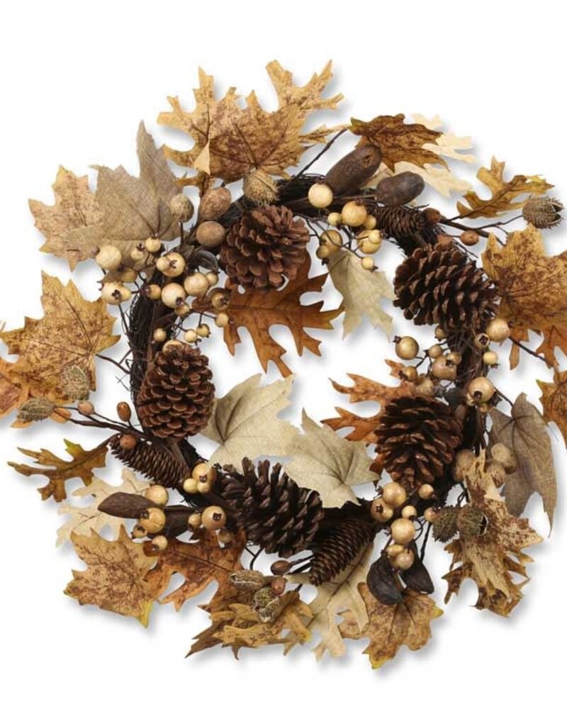 24 Inch Burlap/Maple & Oak Leaf Wreath w/Pine Cones