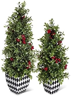 22" Glittered Berry and Boxwood Cone Tree