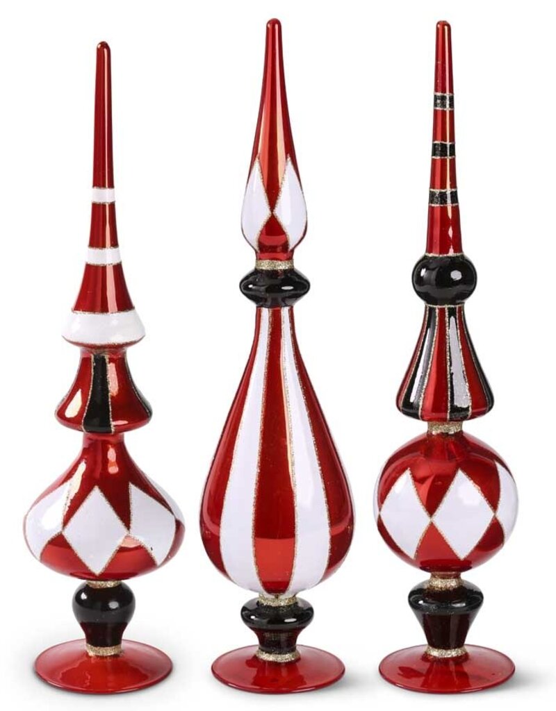 17.5 Inch Glass Red and White Harlequin Tabletop Finials