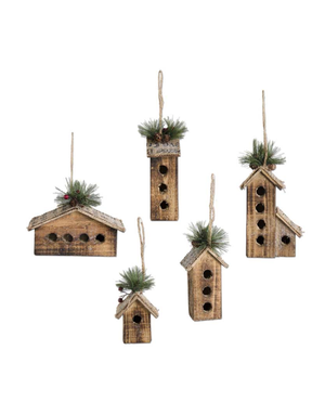 Wood Bird Houses Ornaments With Burlap Pine and Glitter