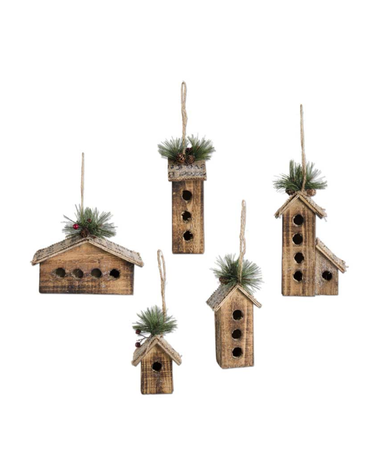 Wood Bird Houses Ornaments With Burlap Pine and Glitter