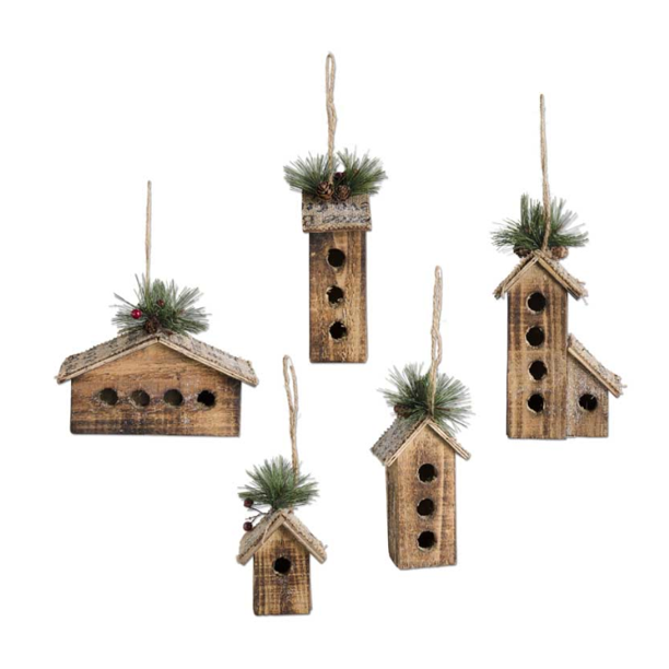 Wood Bird Houses Ornaments With Burlap Pine and Glitter