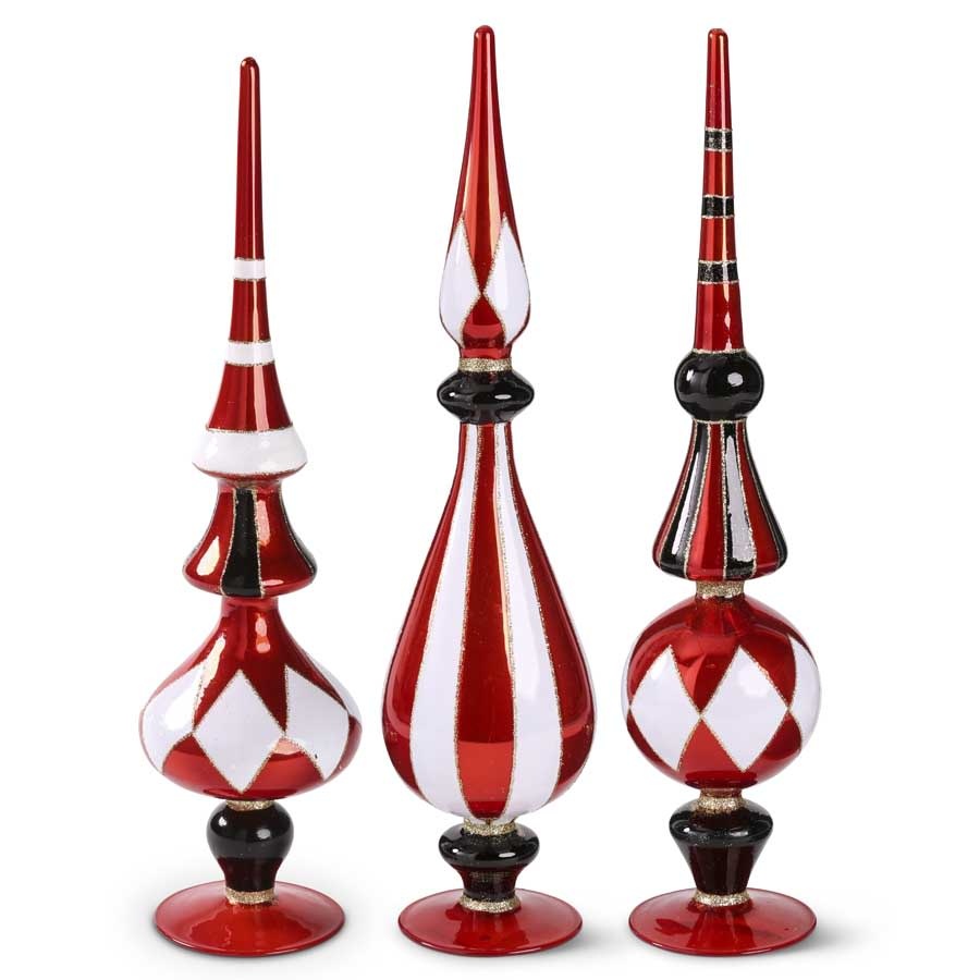 16.5 Inch Glass Red and White Harlequin Tabletop Finials