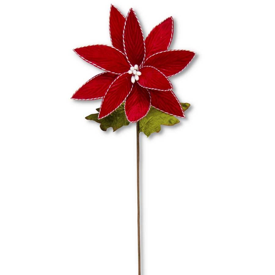 30 Inch Red Velvet Poinsettia Stem with Red and White Twisted Twine.