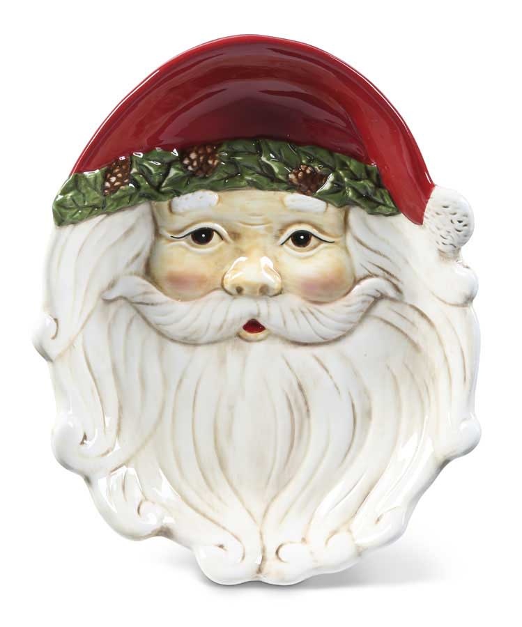 11 Inch Lg Santa Face Ceramic Plate w/Red Hat and Pinecone Trim
