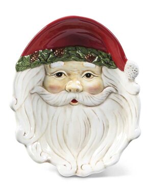 11 Inch Lg Santa Face Ceramic Plate w/Red Hat and Pinecone Trim