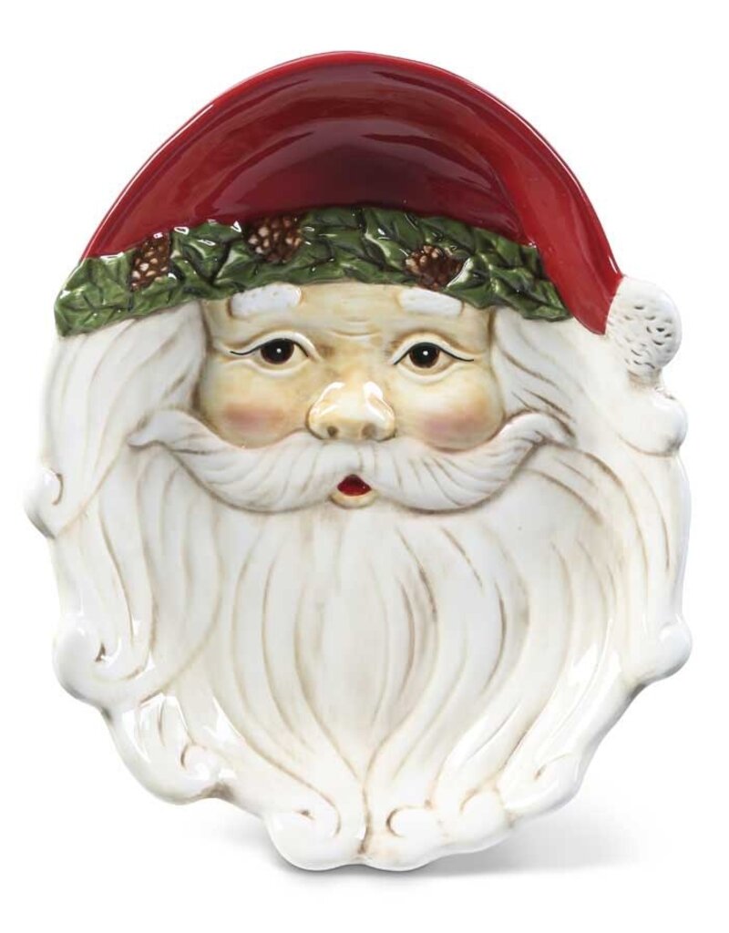 11 Inch Lg Santa Face Ceramic Plate w/Red Hat and Pinecone Trim