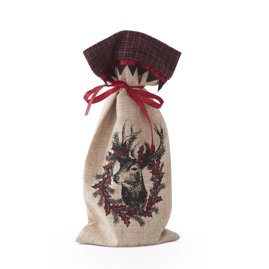 15 Inch Linen Wine Bag with Burgundy Plaid Wreath and Reindeer