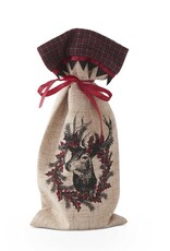 15 Inch Linen Wine Bag with Burgundy Plaid Wreath and Reindeer