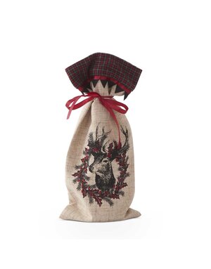 15 Inch Linen Wine Bag with Burgundy Plaid Wreath and Reindeer