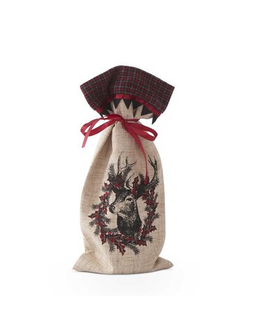 15 Inch Linen Wine Bag with Burgundy Plaid Wreath and Reindeer