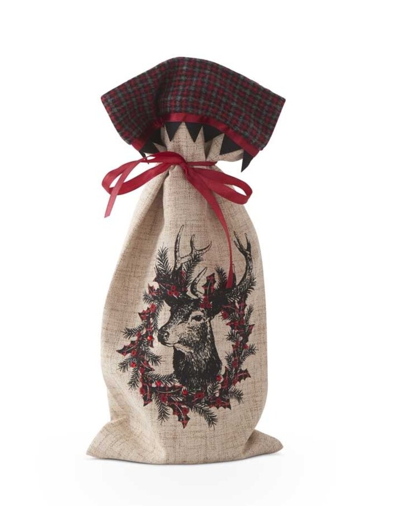 15 Inch Linen Wine Bag with Burgundy Plaid Wreath and Reindeer