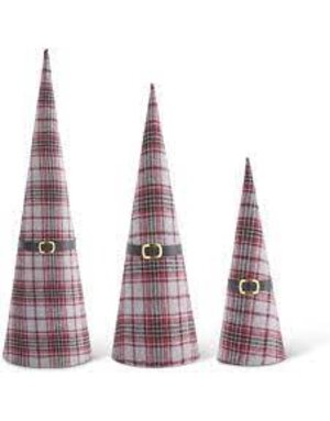 Red and Gray Plaid Fabric Cone Trees With Santa Belts M