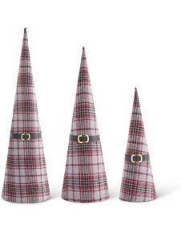 Red and Gray Plaid Fabric Cone Trees With Santa Belts M