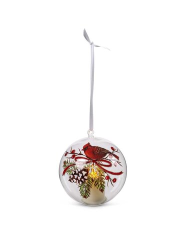 5" Battery Operated LED Round Glass Cardinal Ornament with Snow
