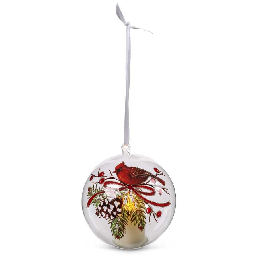 5" Battery Operated LED Round Glass Cardinal Ornament with Snow