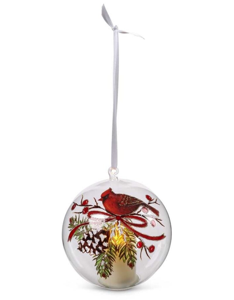 5" Battery Operated LED Round Glass Cardinal Ornament with Snow