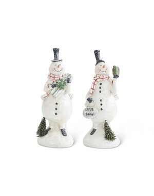 Assorted Glittered Resin Snowmen with Bottle Brush Trees (2 Styles) Grad. Sizes 9"H x 3.75"W x 3"D