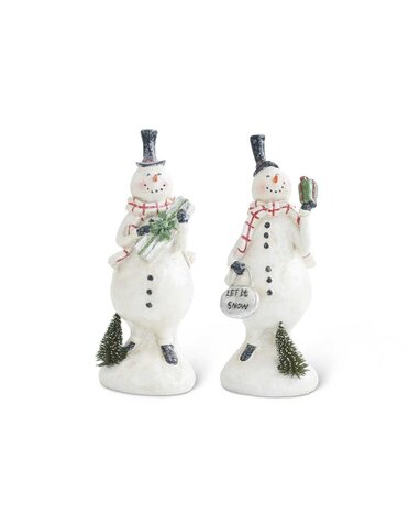 Assorted Glittered Resin Snowmen with Bottle Brush Trees (2 Styles) Grad. Sizes 9"H x 3.75"W x 3"D