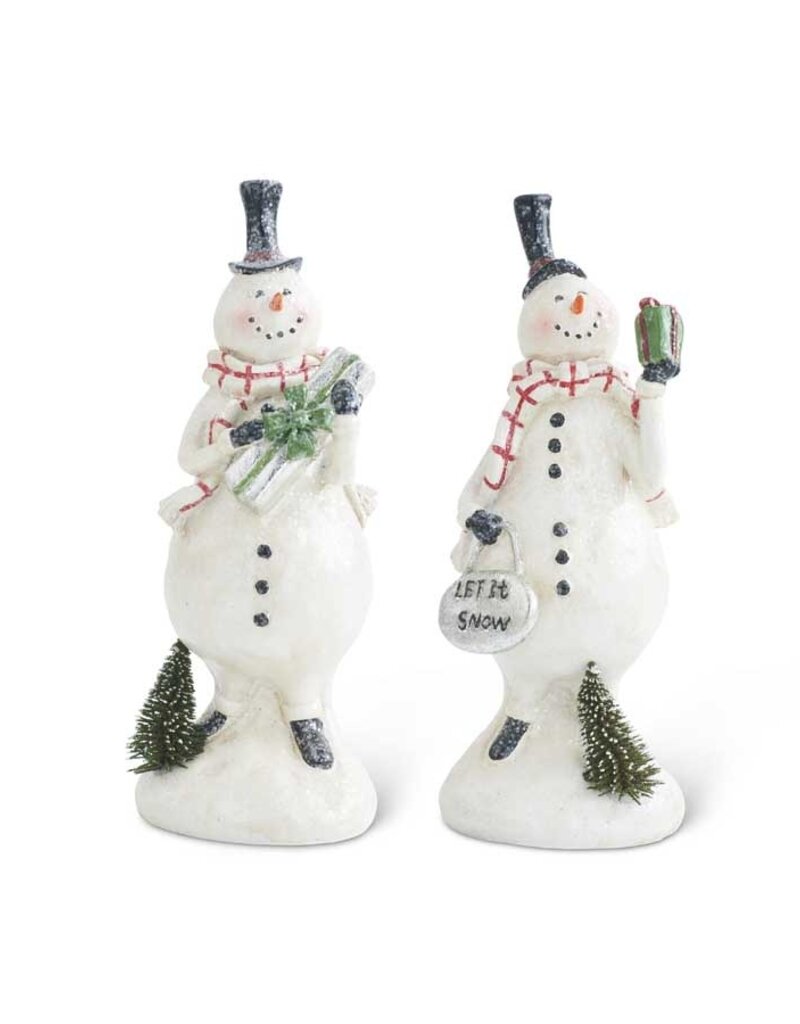 Assorted Glittered Resin Snowmen with Bottle Brush Trees (2 Styles) Grad. Sizes 9"H x 3.75"W x 3"D