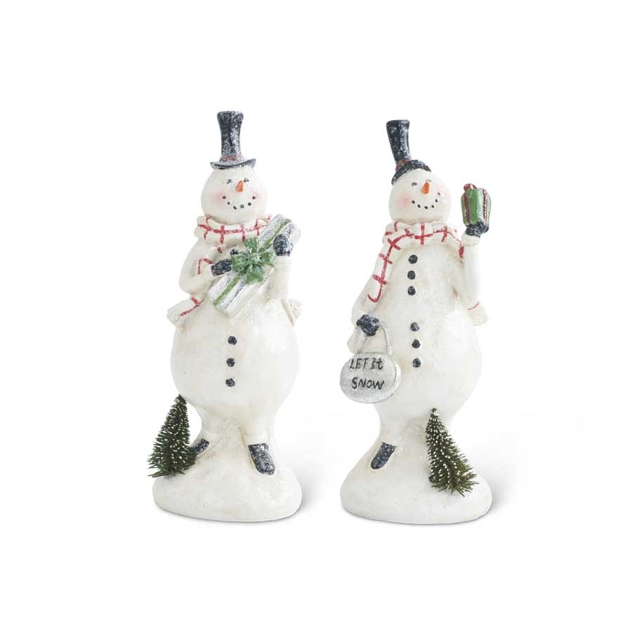 Assorted Glittered Resin Snowmen with Bottle Brush Trees (2 Styles) Grad. Sizes 9"H x 3.75"W x 3"D