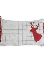 20 Inch Gray Wool Rectangle Grid Pillow With Red Hide Deer Head 11"H x 20"W