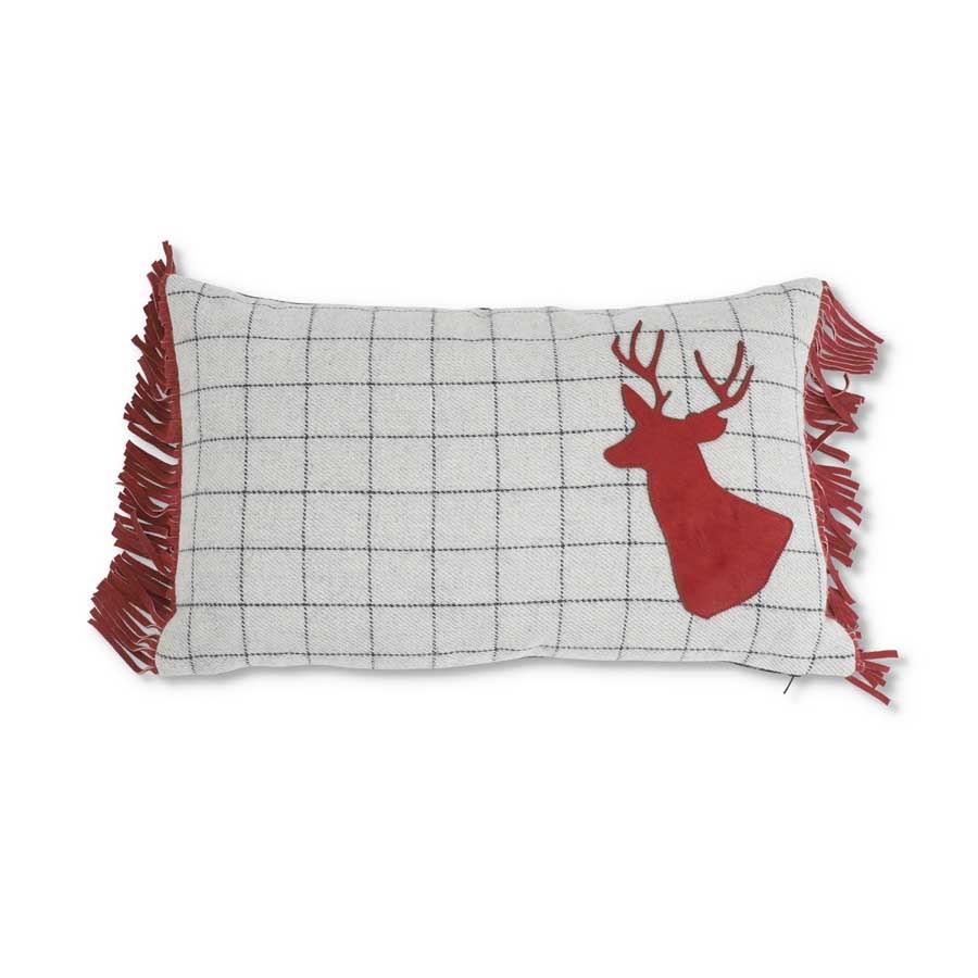 20 Inch Gray Wool Rectangle Grid Pillow With Red Hide Deer Head 11"H x 20"W