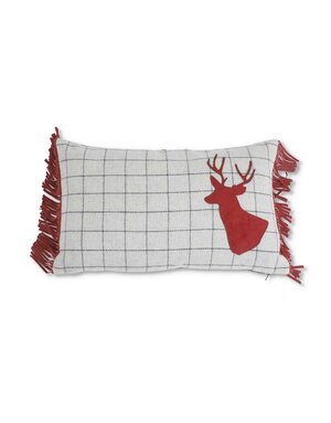 20 Inch Gray Wool Rectangle Grid Pillow With Red Hide Deer Head 11"H x 20"W