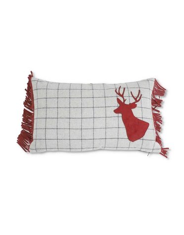 20 Inch Gray Wool Rectangle Grid Pillow With Red Hide Deer Head 11"H x 20"W